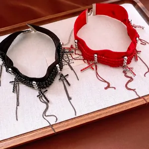 Collier Choker En Velours Gothique Avec Pendentifs Croix En Strass Et Chaînes À Franges Pour Femmes Bijoux Punk