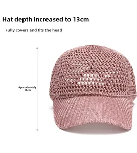 Detail of pink mesh baseball cap showing 13cm depth and breathable hollow knit texture