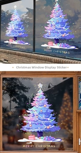 Detail view of purple anime-style Christmas tree window stickers applied to shop glass