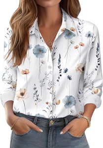 Detailansicht der langärmeligen Hemdbluse mit Blumenmuster, Reverskragen und Knopfleiste