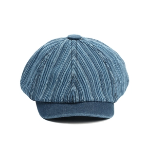 Classic blue striped newsboy cap with vintage textured fabric and button top