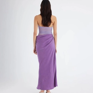 Back view of sexy purple backless halter satin long dress set for fashion vacation