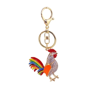 Colorful rooster keychain with gold plating, enamel finish and sparkling crystals