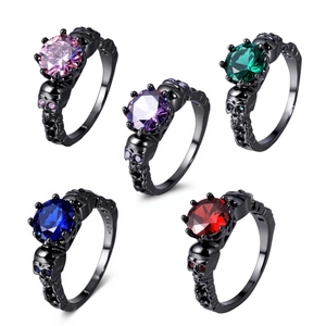 Skull Ring Copper Cubic Zirconia Colorful Round Stone Gothic Punk Style Jewelry For Women Men Halloween Fashion