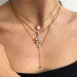 Three-layer gold stainless steel necklace set with zircon flower and round pendants