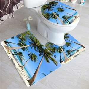 Three-piece bathroom set featuring tropical palm beach landscape on soft flannel mats