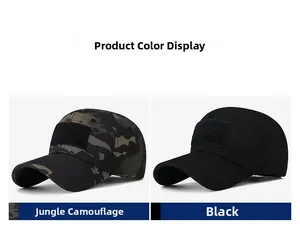 Tactical baseball caps in black and jungle camo with front hook-and-loop patches