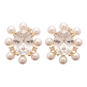 Elegant 14k gold plated flower stud earrings with white pearls and sparkling zircons