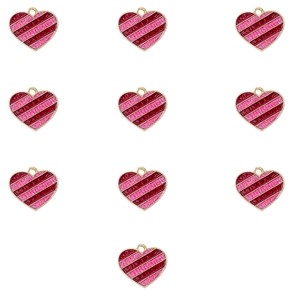 Set of 10 heart-shaped gold pendants with red glitter stripes for jewelry making