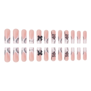 24pcs long coffin press-on nails with pink base, black bows and floral pattern art