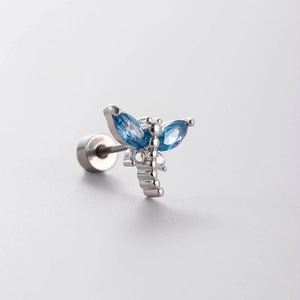 Silver dragonfly stud earring with blue marquise stones and clear zircon accents
