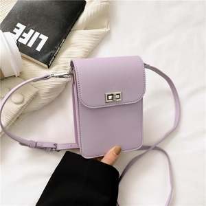 Purple Saffiano PU mini crossbody phone bag with silver twist lock and long shoulder strap