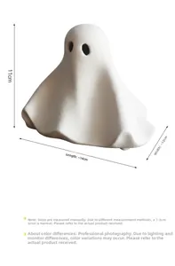 Gedetailleerd overzicht van witte keramieken spookbeeldje met afmetingen voor Halloween