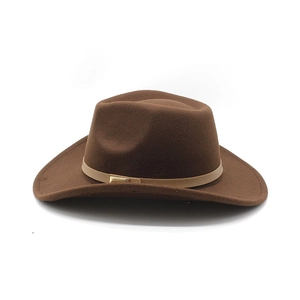 Detail of dark brown wool cowboy hat featuring a slim band and golden metal buckle