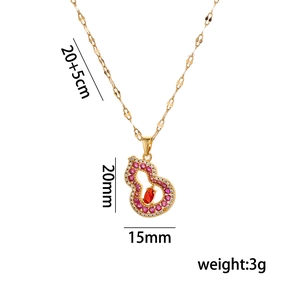 18K gold plated hollow gourd necklace with ruby red accents and detailed dimensions