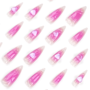 Pink 3D heart press-on nails with long almond shape and purple gradient finish
