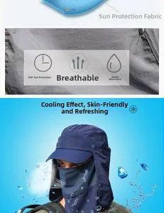 Details zum blauen Outdoor Sonnenhut mit kühlendem Stoff, Gesichtsmaske und Nackenschutz
