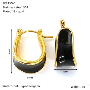 Detailed view of gold plated U-shaped enamel hoop earrings with size specifications