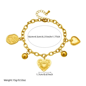 Gold stainless steel bracelet with rose engraving and heart charms on a white background