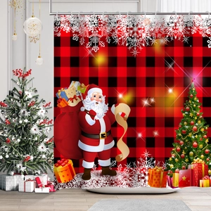 Detailed view of Santa Claus print on buffalo plaid shower curtain with Christmas tree