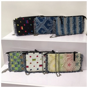 Detailed grid of denim chain bags showing various star and striped patterns with frayed edges