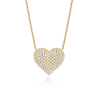 Elegant gold heart pendant necklace with shimmering pave set crystals on white background