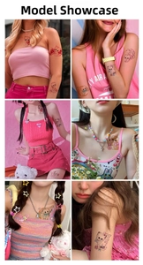 Multiple views showing cute colorful cat temporary tattoos applied to the arm and collarbone