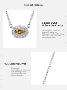 Detail of champagne oval moissanite pendant with white diamond halo on S925 silver chain