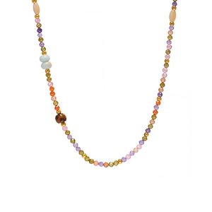 Colorful zircon beaded necklace with shell and tiger eye stones in a stylish U-shape