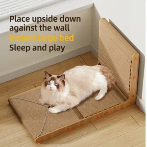 Vertical L-shaped corrugated cardboard cat scratcher bed with cat in a home setting