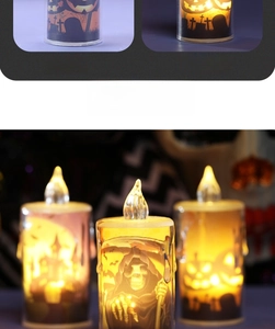Detailed comparison of Halloween LED candle light with spooky pumpkin and castle patterns