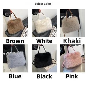 Detailed grid view showing six stylish faux fox fur tote bags in multiple colors