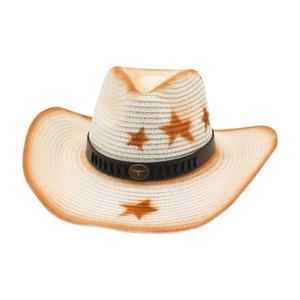 Vintage western straw cowboy hat with bull head emblem and star patterns for beach sun protection