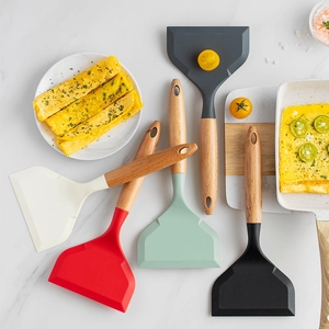 Spatule Tamagoyaki En Silicone Avec Manche En Hêtre Résistant À La Chaleur Antiadhésif Large Tourneur