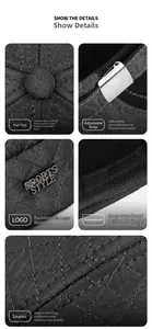 Detailed views of men's quilted docker hat with sports style logo and adjustable buckle