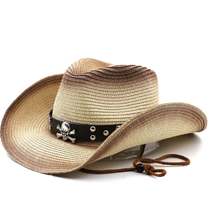 Chapeau de cowboy en paille vintage avec bandeau en cuir à tête de mort et jugulaire
