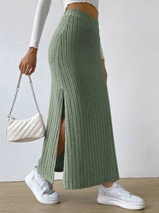 Elegant grass green high waist ribbed maxi skirt with a stylish side slit design