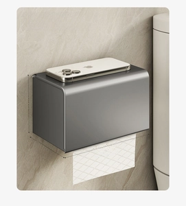 Gunmetal wall-mounted tissue box with flat storage shelf measuring 200mm in width
