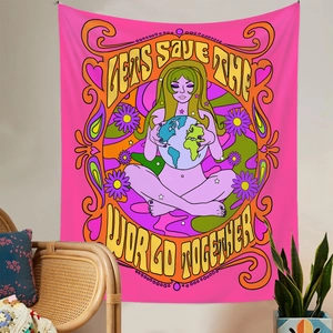 Detail of psychedelic bohemian tapestry with female figure and Let's Save the World slogan