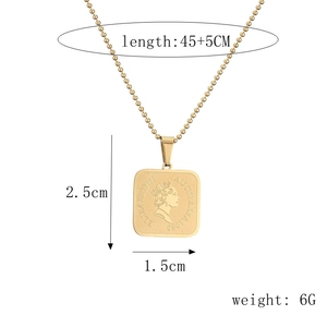 Detailed view of square gold portrait coin necklace with dimensions and weight data