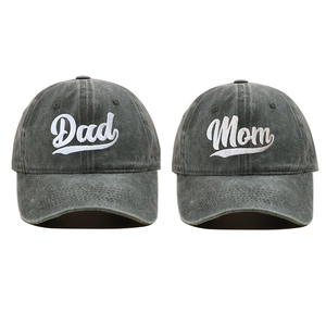 Close-up of Dad and Mom embroidery on washed cotton canvas vintage baseball caps