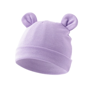 Detailed view of purple knitted baby hat featuring cute Mickey style bear ears