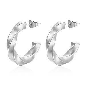 Silver twisted C-shape hoop earrings in minimalist geometric stainless steel design