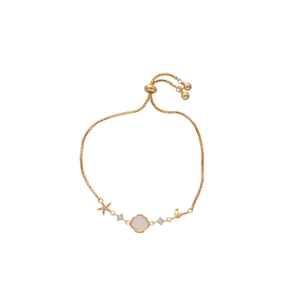 Adjustable gold charm bracelet with starfish, seashell pendants and zircon stones