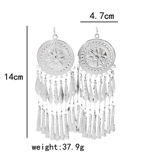 Detail showing Bohemian long tassel earrings with dimensions of 14cm length and 4.7cm width