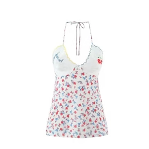 Haut licou à fleurs pour femmes avec col en V et motifs floraux rouges et bleus