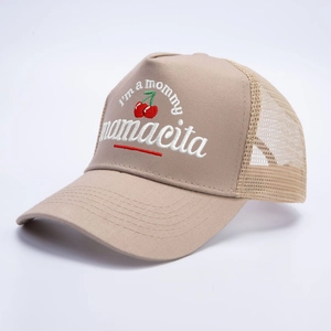 Khaki trucker hat with I'm a mommy mamacita cherry embroidery and mesh back