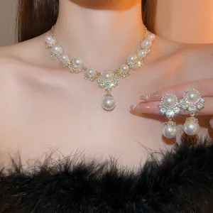 Vintage Palace Style Alloy Rhinestone Imitation Artificial Pearl Necklace And Earrings With 925 Sterling Silver Earring Post