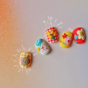 3D embossed nail art stickers featuring cute cartoon bears, rabbits, and floral patterns