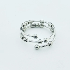 Adjustable silver stainless steel fidget ring with rotatable beads for anxiety relief